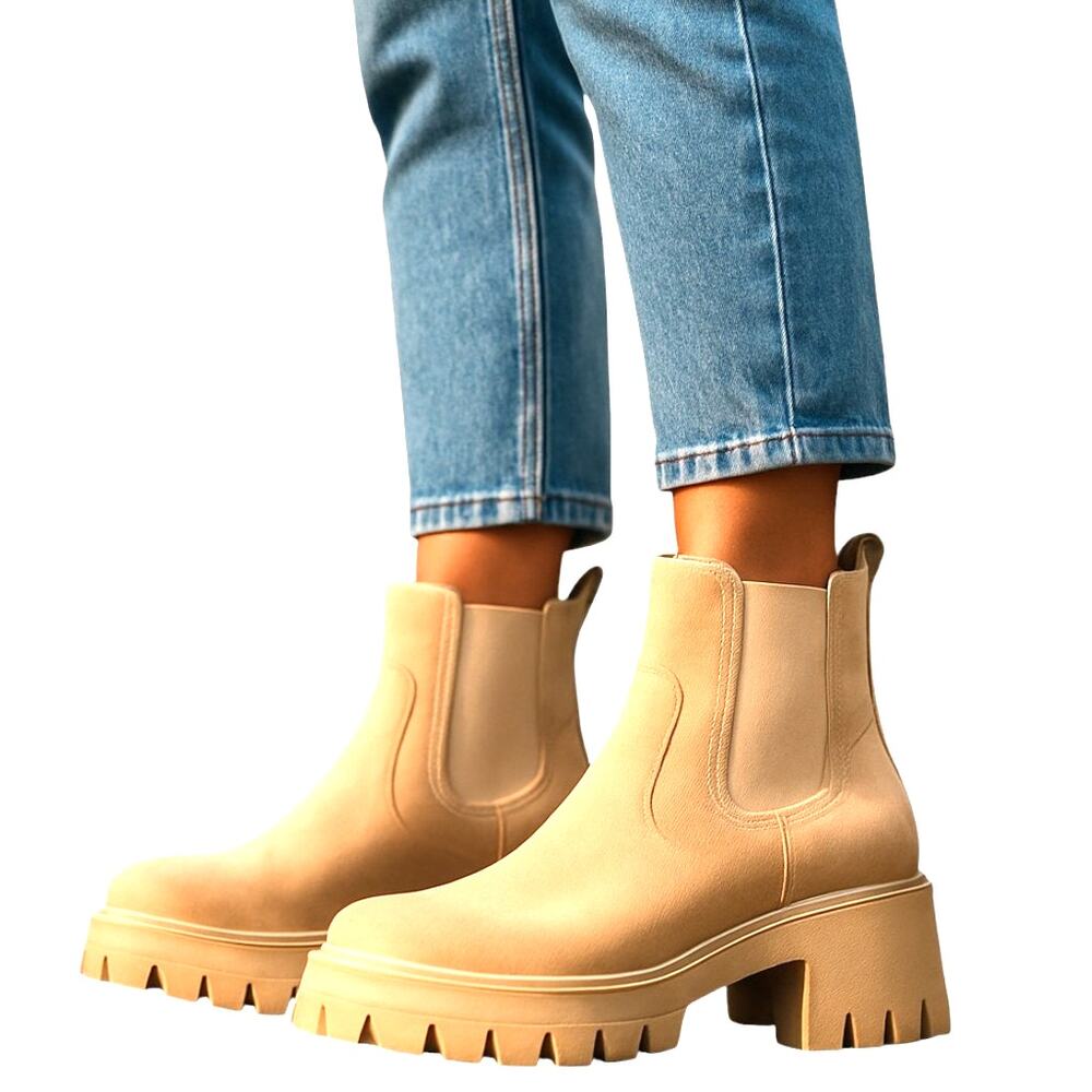 ZBY 11 Cream Women's Combat Ankle Boots 3 Inch High Heel Shoe Chunky